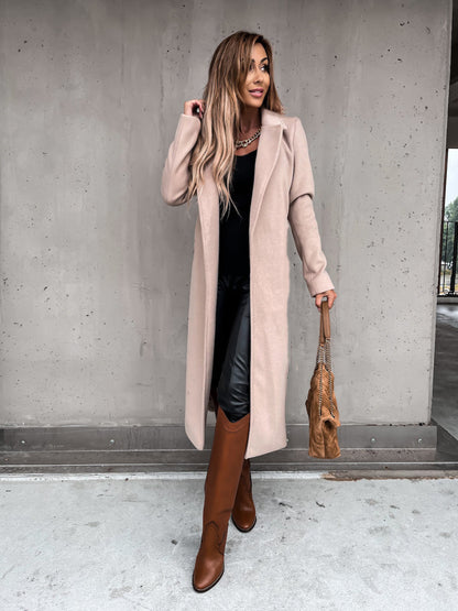 Solid Color Woolen Long Sleeve Trench Coat