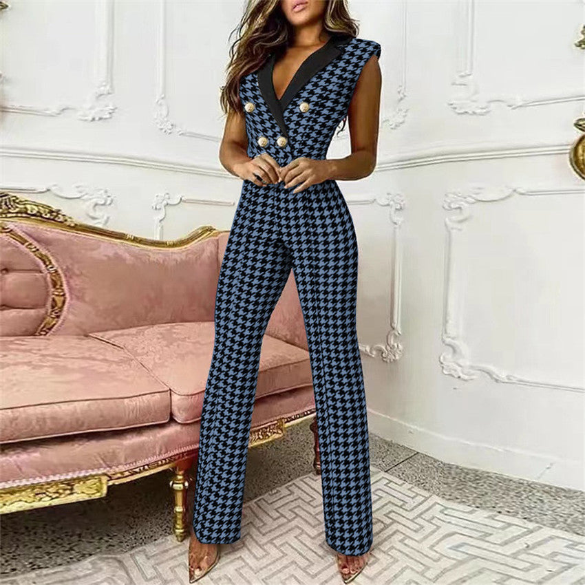 V-neck Sleeveless Houndstooth Jumpsuit
