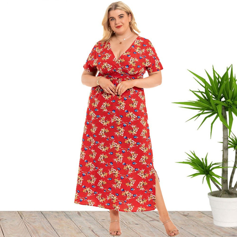 Curvy Floral Dress V-neck Split Dress