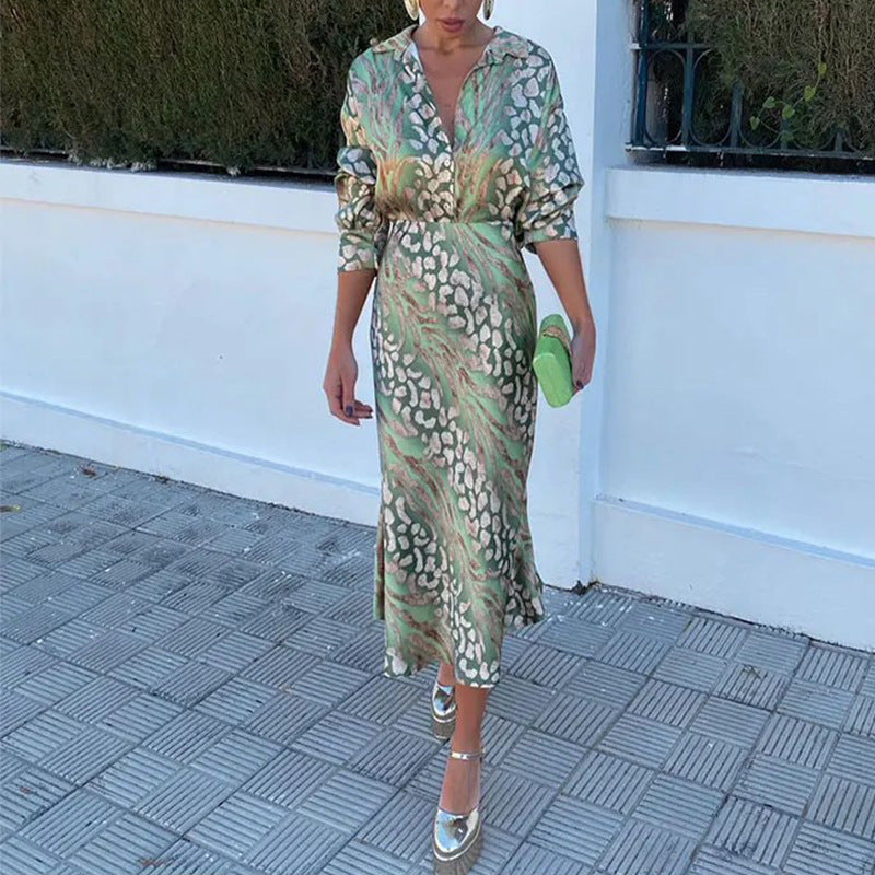 Summer Arrival Women Printed Elegant Collared Long Sleeve Shirt High Waisted Skirt Set