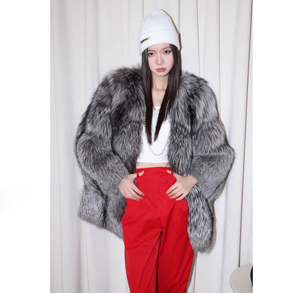 Silver Fox Fur Mid-Length Trench Coat