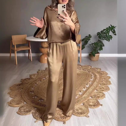 Versatile Satin Casual Long Sleeve Relax Fit Set