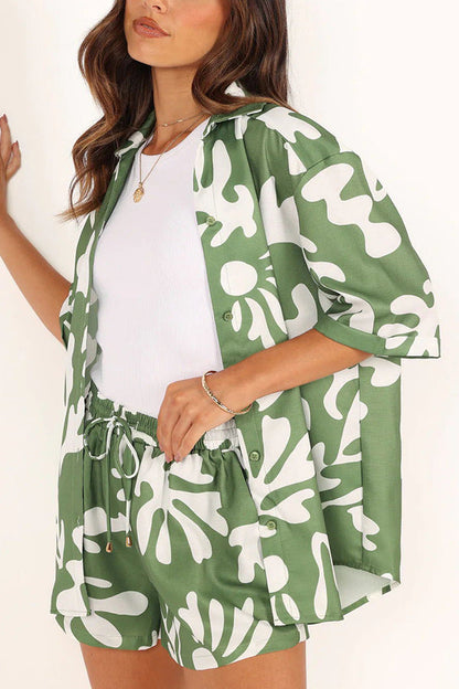 Polo Collar Printed Short Top Shorts Set