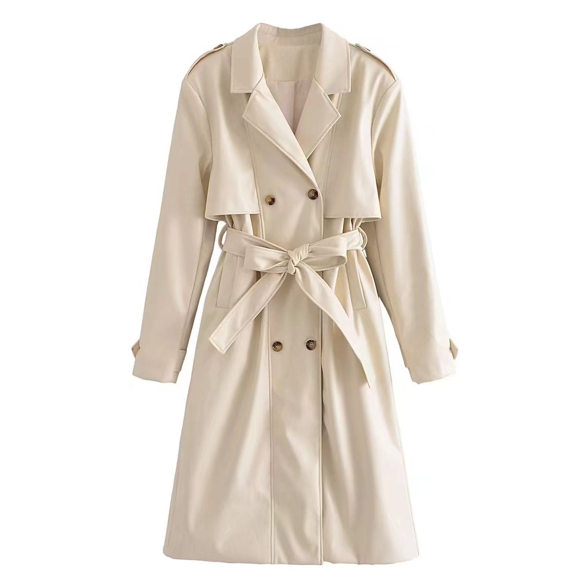 Faux Leather Belt Windbreaker Trench Coat