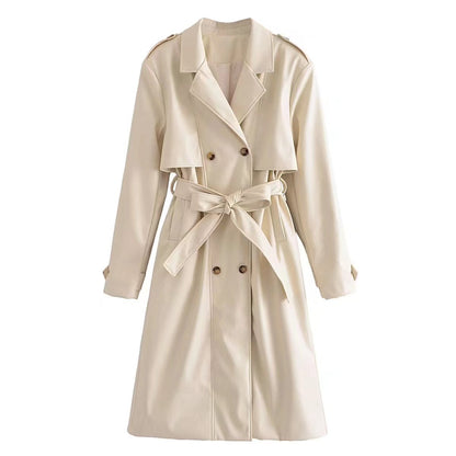 Faux Leather Belt Windbreaker Trench Coat