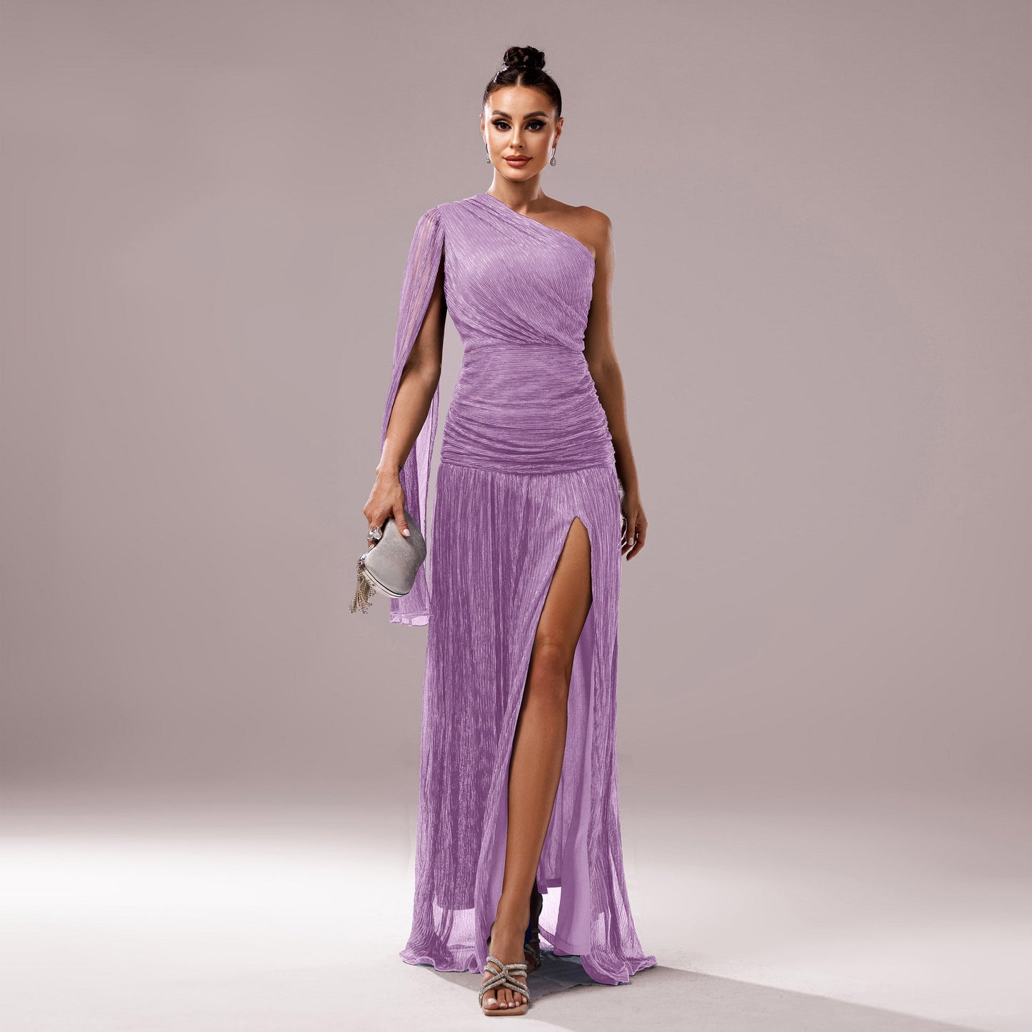 One Shoulder Long Sleeve Slim Fit Slit Cocktail Evening Dress