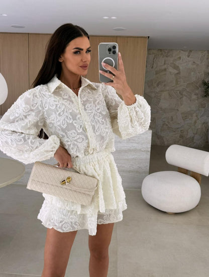 Women Summer Lace Hollowed Casual Long Sleeve Set