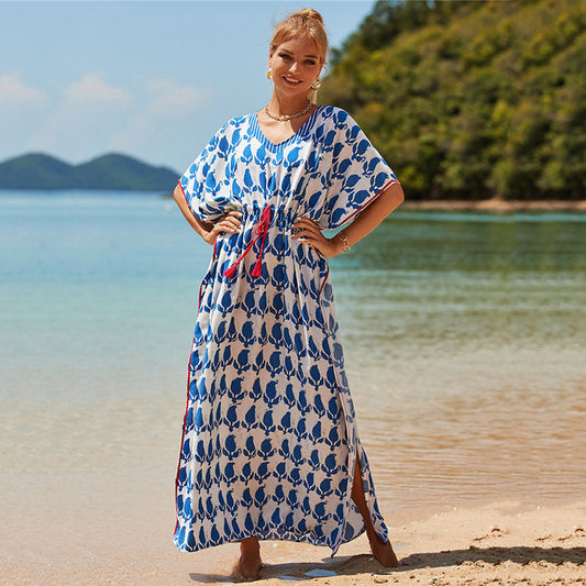 Rayon Positioning Printing Beach Cover-up Vacation Maxi Dress Sun Protection Shirt Beach Cover Up