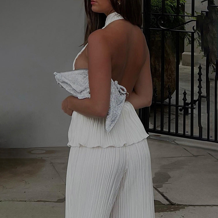 Halter Sexy Backless Sleeveless Vest White Pleated High Waist Set
