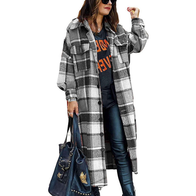 Plaid Woolen Slim Long Coat
