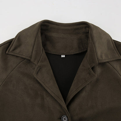 Brown Suede Long Sleeve Long Coat