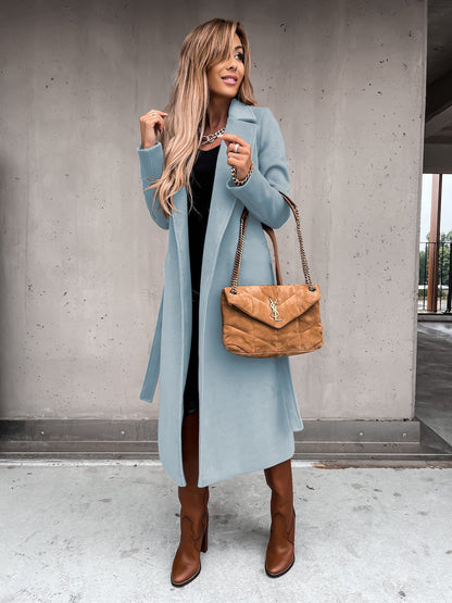 Solid Color Woolen Long Sleeve Trench Coat