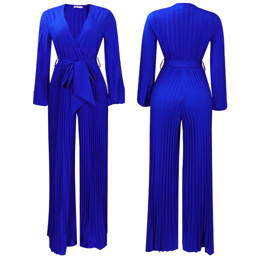 Summer V neck Pleated Wide Leg Jumpsuit