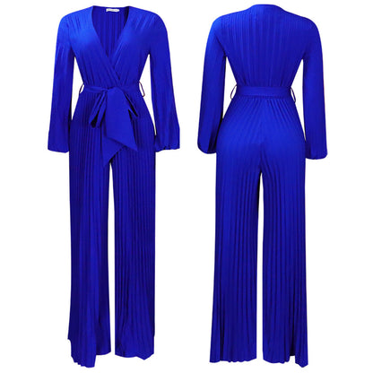 Summer V neck Pleated Wide Leg Jumpsuit