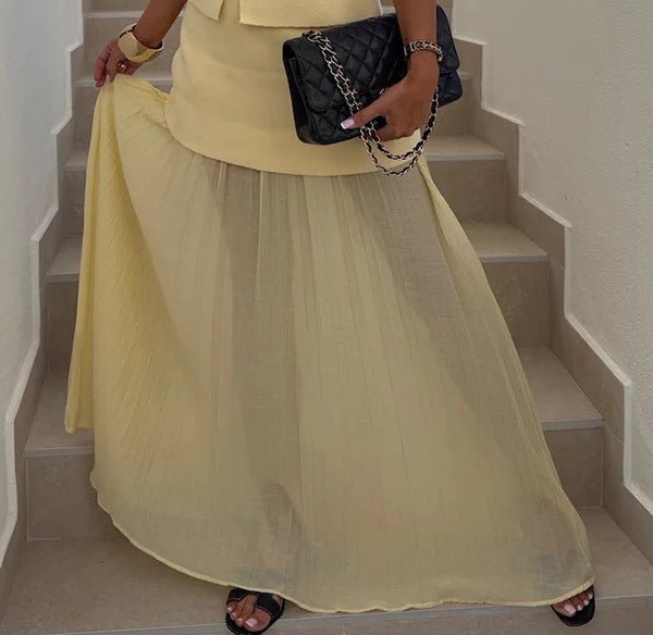 Spring Summer Knitted Stitching Vest Set Casual Vacation Loose Skirt Women