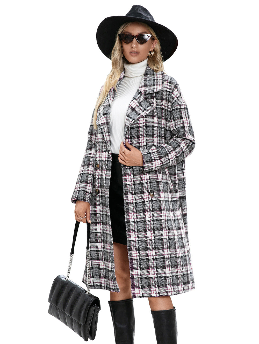 Houndstooth Woolen Plaid Trench Coat