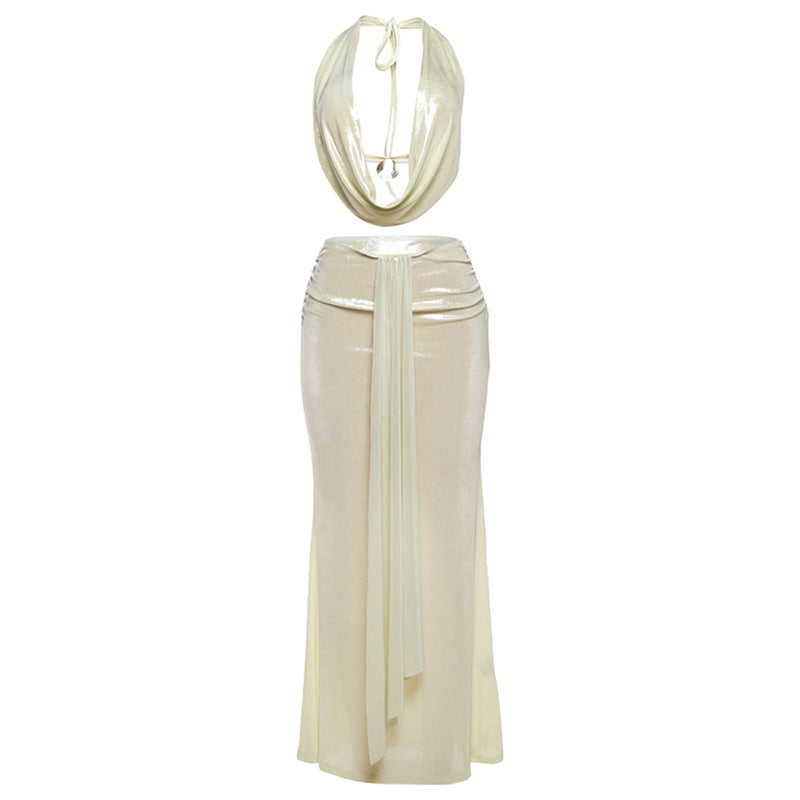 Spring Summer Women Sexy Backless Halter Top Slim Sheath Skirt Two Piece Sets