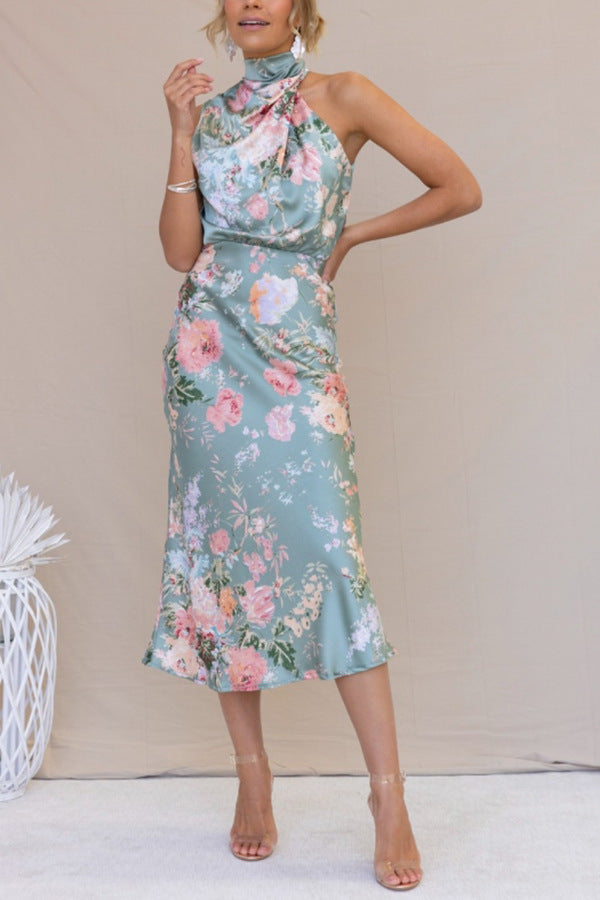 Sleeveless Halter Printed Satin Dress