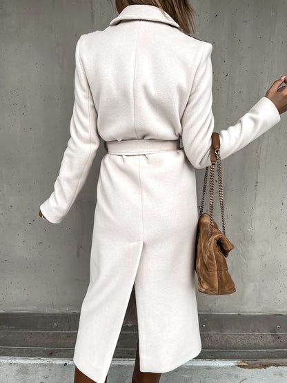 Solid Color Woolen Long Sleeve Trench Coat