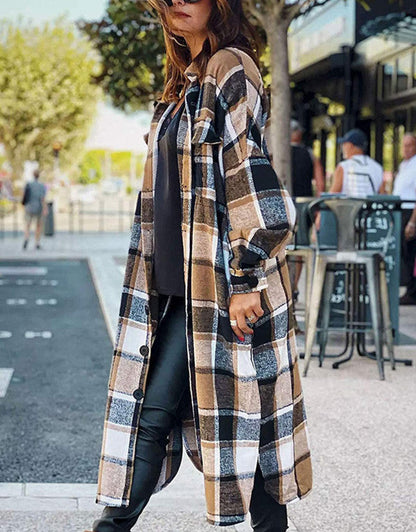 Plaid Woolen Slim Long Coat