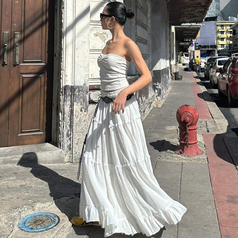 Fashionable French Sweet Sexy Two Piece Suit Summer Women Off Shoulder Tube Top Skirt No Belt