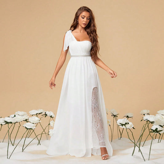 One Shoulder White Evening Gown