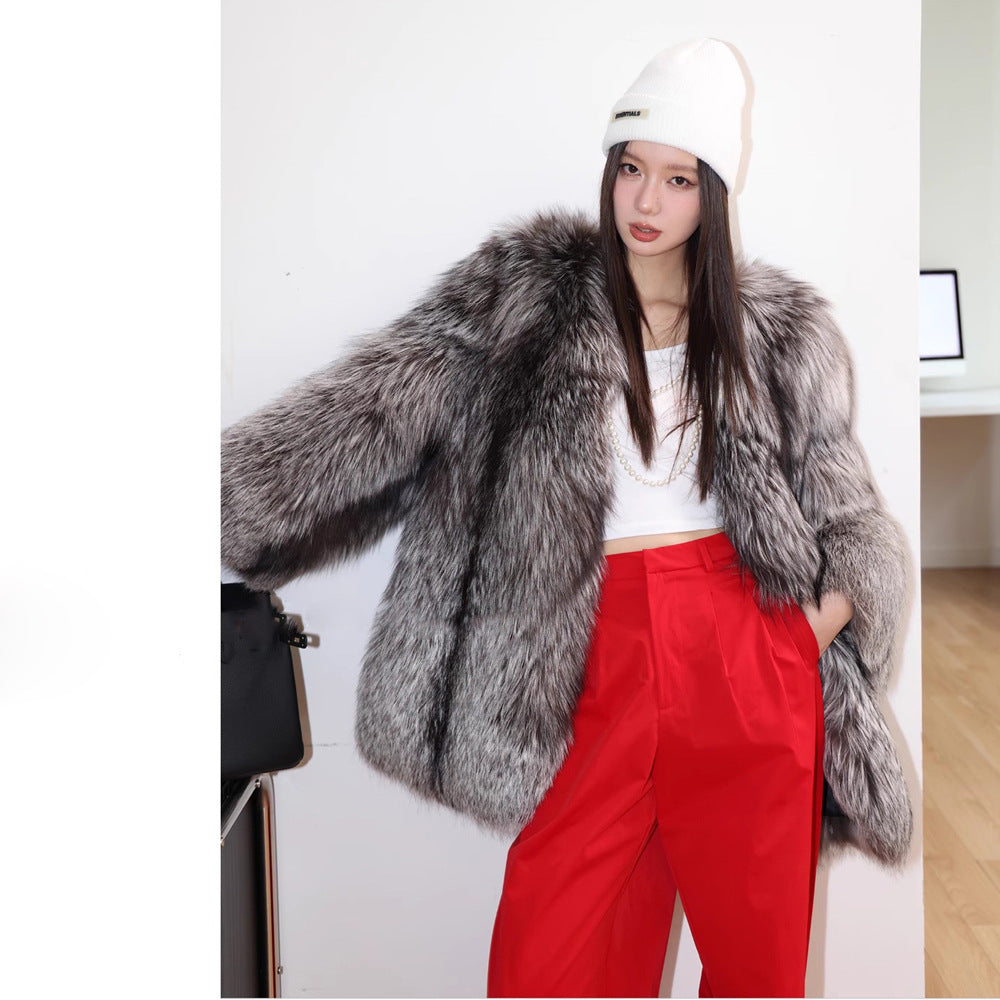 Silver Fox Fur Mid-Length Trench Coat