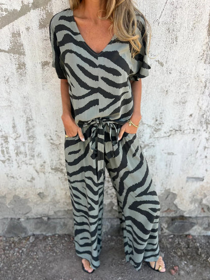 Zebra Pattern V neck Lace up Top Wide Leg Pants Two Piece