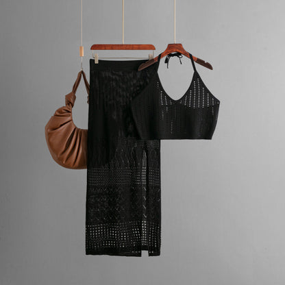 Women Clothes Short Summer Vest Top Two Piece High Waist Slimming Hollow Out Cutout Split Hip Skirt