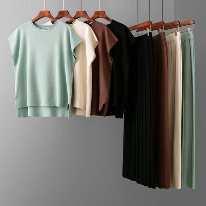 Solid Color Sleeveless Sweater Vest & Wide Leg Pants Sets