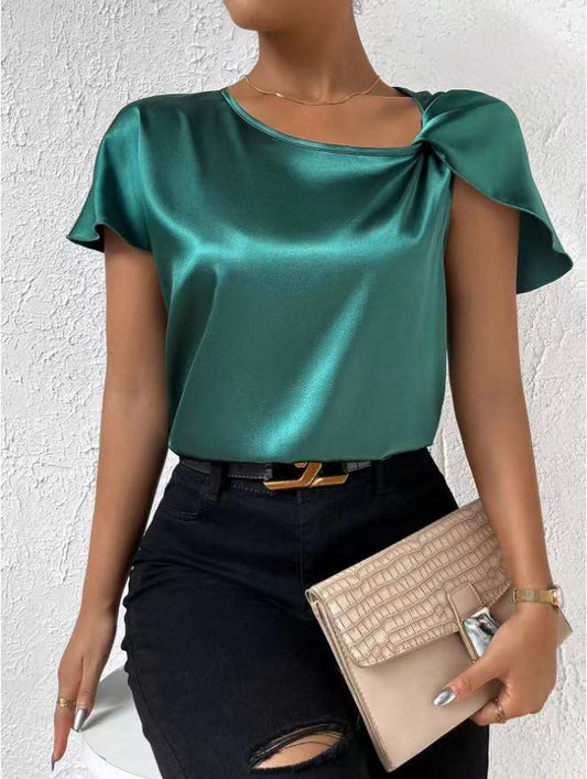 Short Sleeve Satin Twisted Solid Color Loose Fitting Top Women