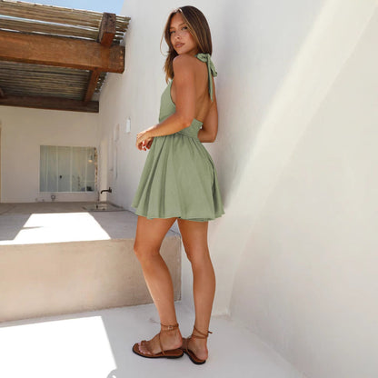 Solid Cotton Linen V neck Halter Dress