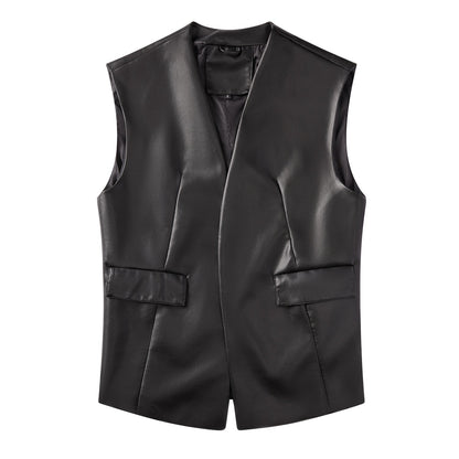 Sleeveless Faux Leather Cardigan Vest