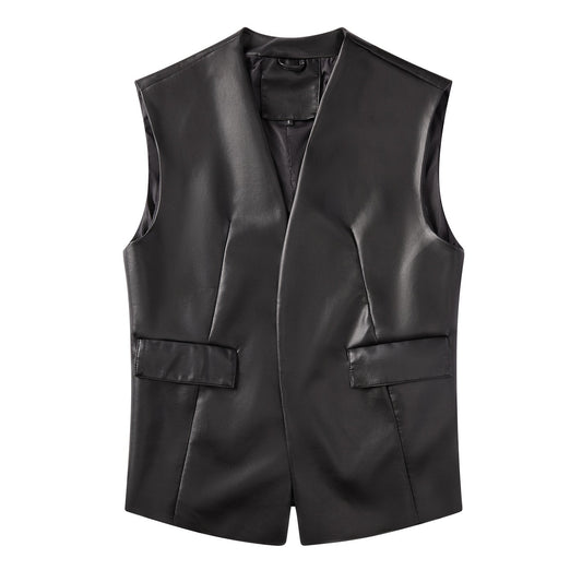 Sleeveless Faux Leather Cardigan Vest