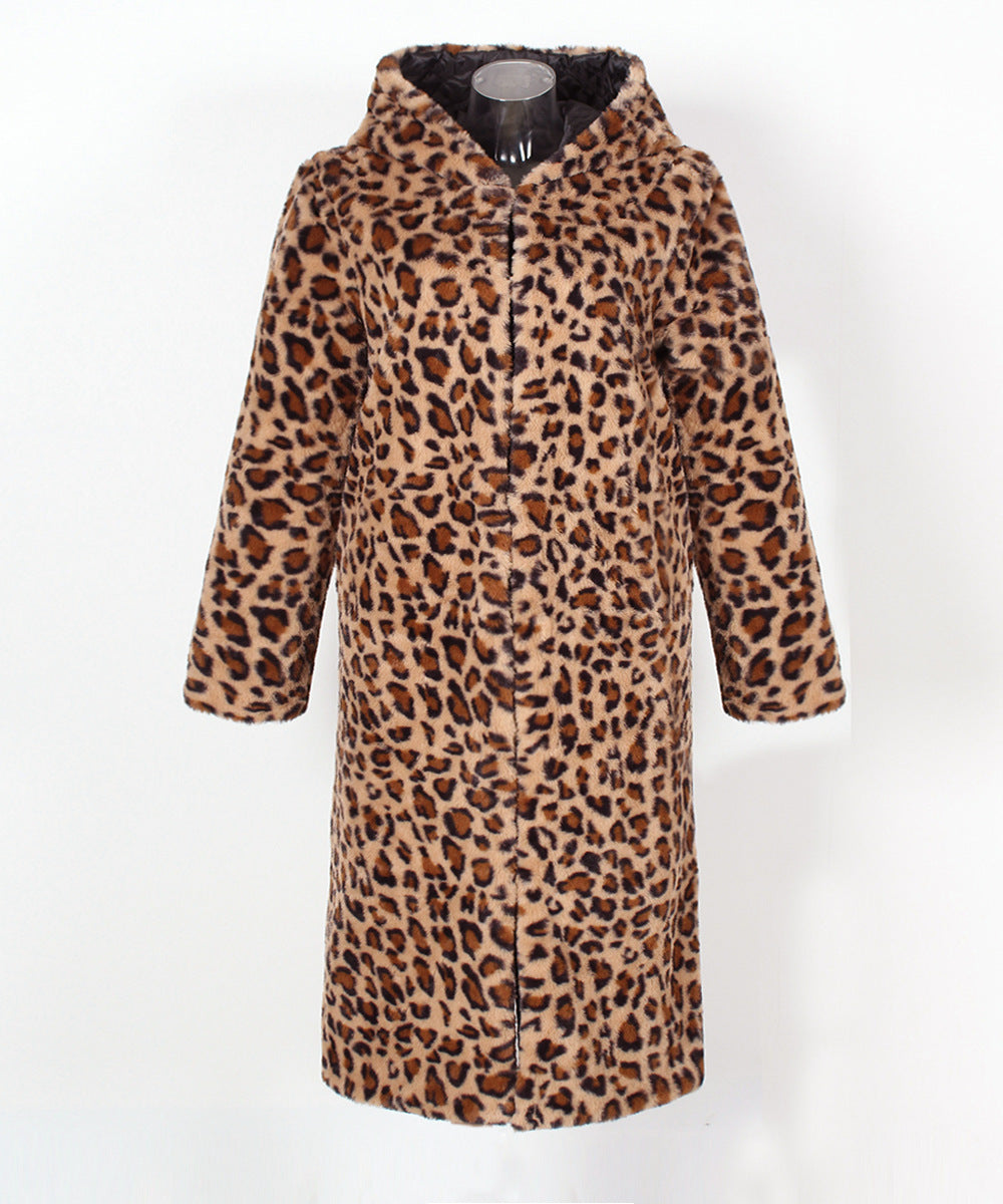 Leopard Print Faux Fur Hooded Coat