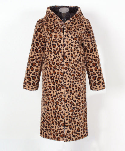 Leopard Print Faux Fur Hooded Coat