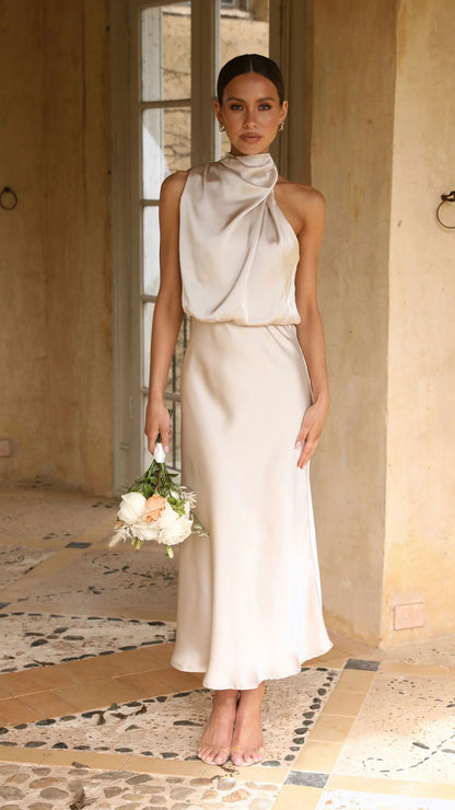 Sleeveless Halter Solid Color Satin Dress