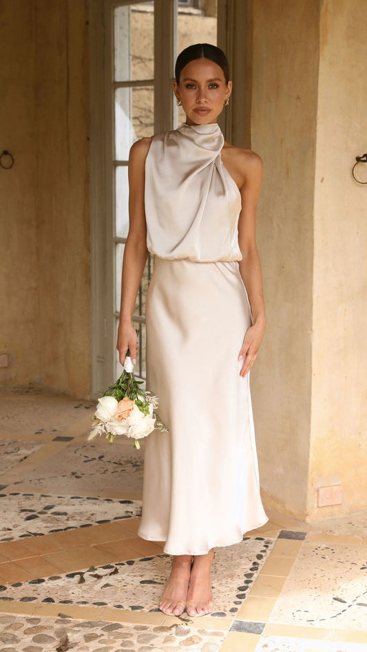 Sleeveless Halter Solid Color Satin Dress