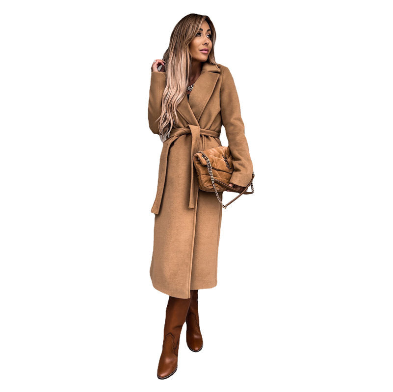 Solid Color Woolen Long Sleeve Trench Coat