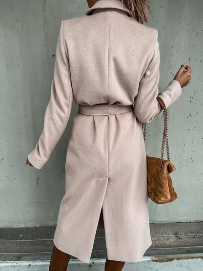 Solid Color Woolen Long Sleeve Trench Coat
