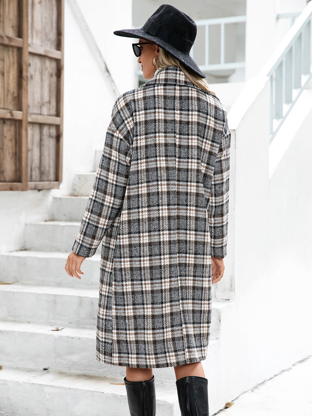 Houndstooth Woolen Plaid Trench Coat