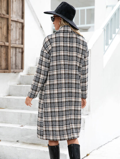Houndstooth Woolen Plaid Trench Coat