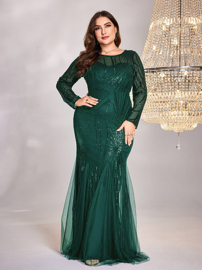 Plus Size Dress Long Sleeve Round Neck Bridesmaid Cocktail Evening Dress