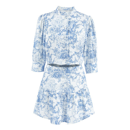 Stand Collar Printed Slim Fit Skirt Set