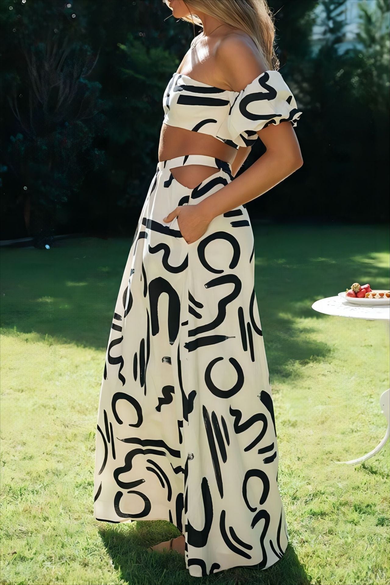 Summer Puff Sleeves Sexy Printed Set