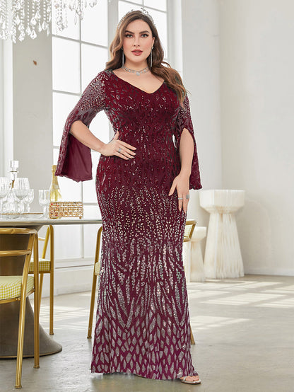 Plus Size Long Sleeve Deep V Plunge Sexy Dress Evening Cocktail Party Dress