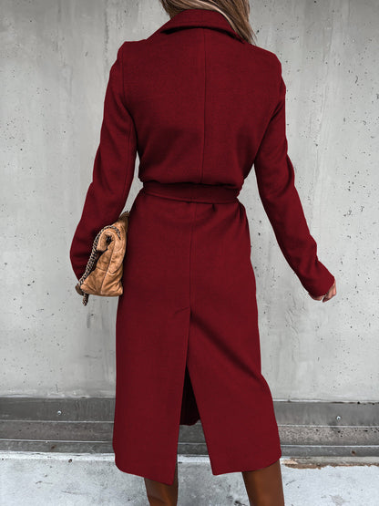 Solid Color Woolen Long Sleeve Trench Coat