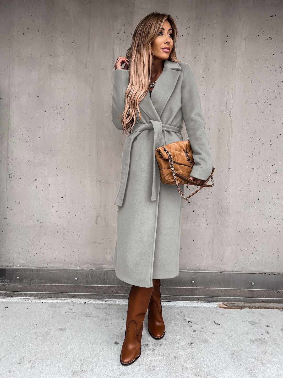Solid Color Woolen Long Sleeve Trench Coat