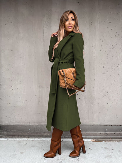 Solid Color Woolen Long Sleeve Trench Coat