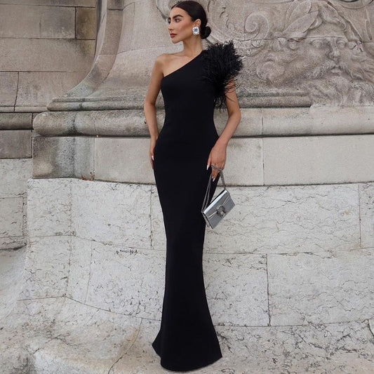One Shoulder Feather Gown